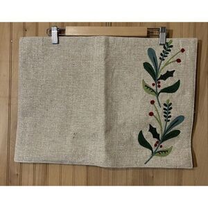 Modern Sprigs Set of 2 Embroidered Christmas Jute Placemats Holly Berries